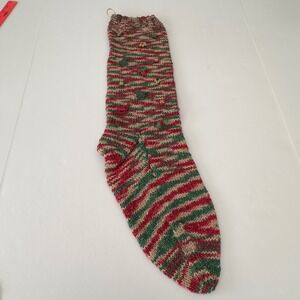 Hand Knit Christmas Stocking Red Green Gold Metallic Striped Holiday Charms